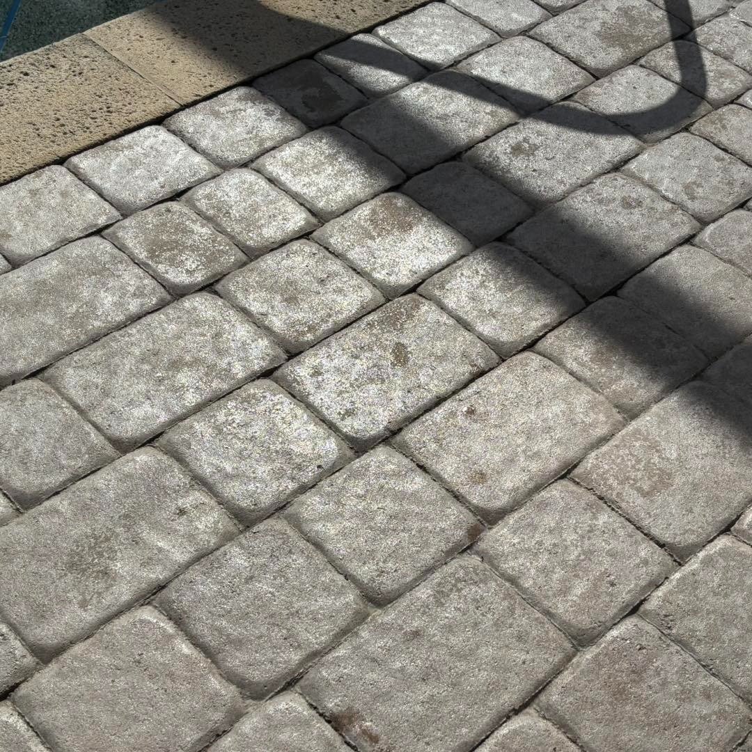 Close view of gray textured pavers crossed by screen enclosure shadows