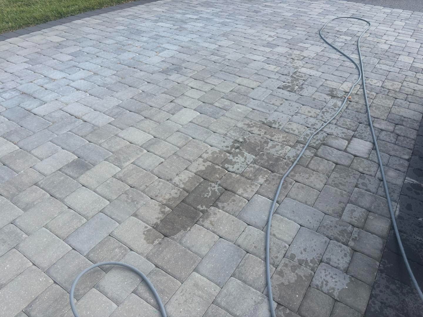 Hose across a pale gray paver driveway with darker patches