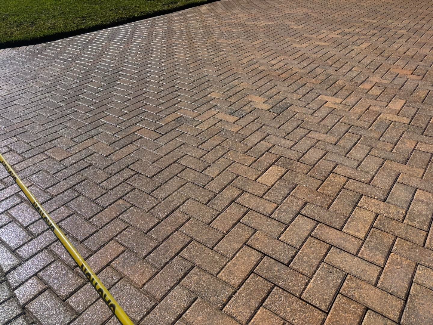 Close view of wet herringbone driveway pavers with a hose across them