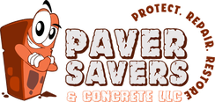 Paver Savers and Concrete LLC logo with orange paver character and service motto