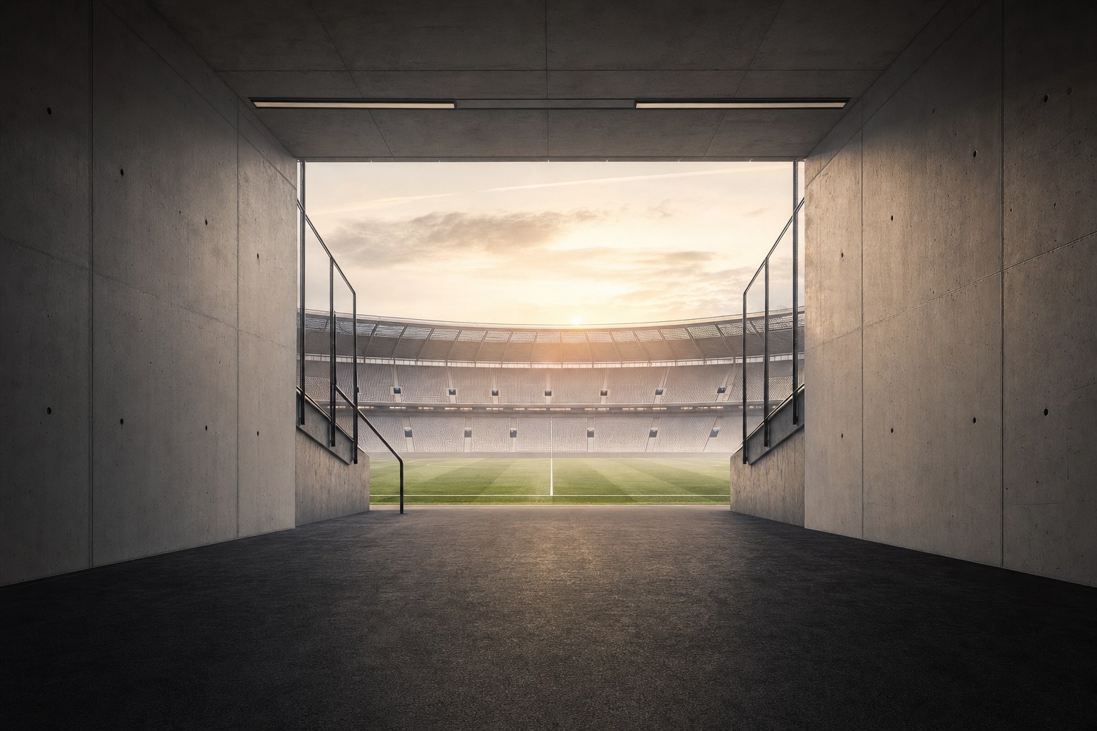 A stadium tunnel opening onto an empty pitch at dawn