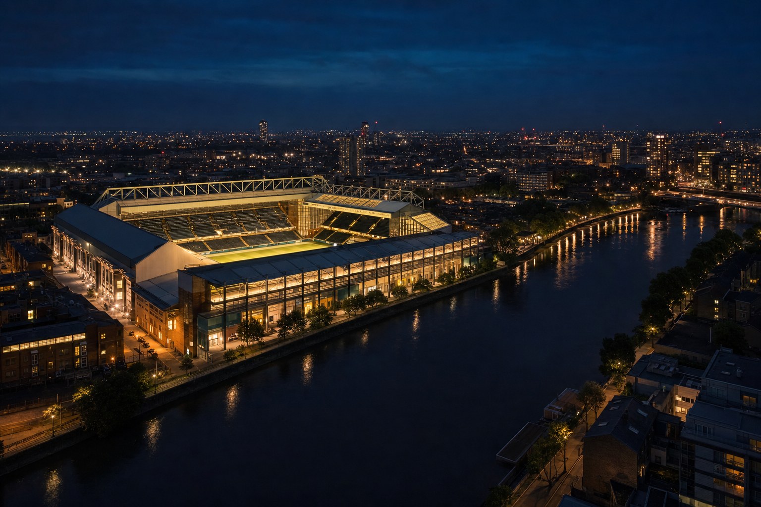 An illuminated waterfront football stadium at dusk
