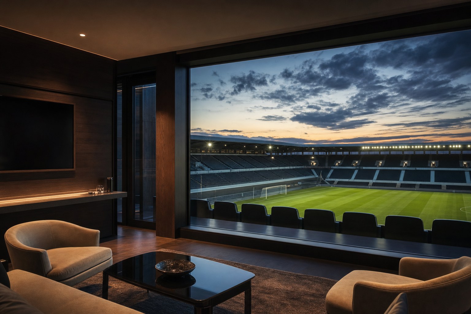 A private stadium lounge overlooking a football pitch at dusk