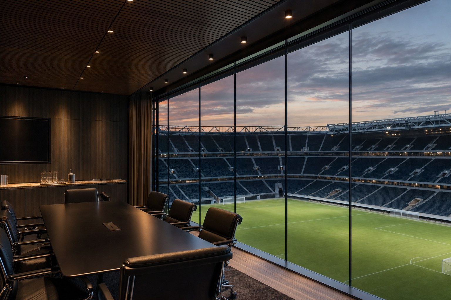 A private meeting room overlooking an empty football stadium