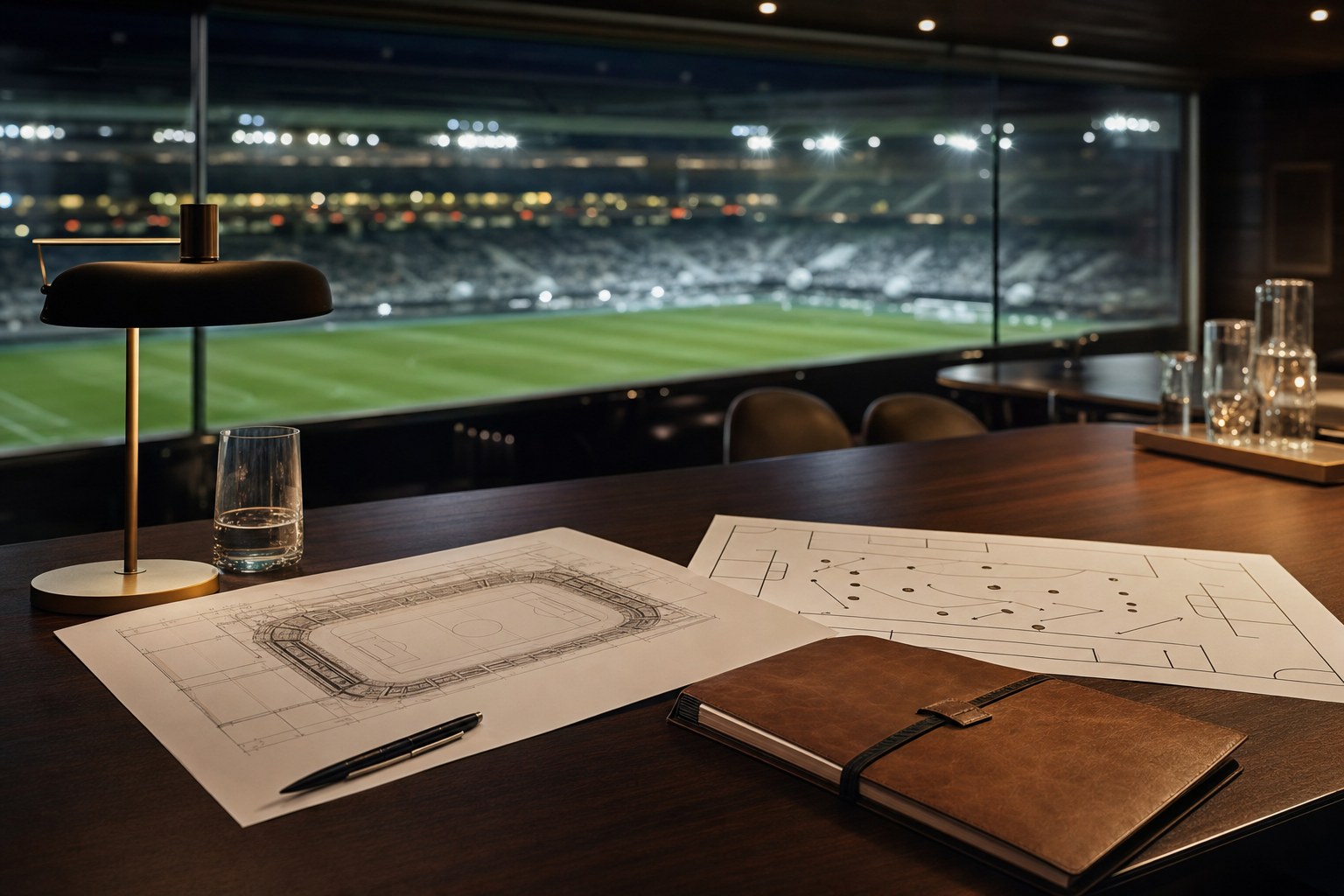 A private football strategy workspace overlooking a stadium