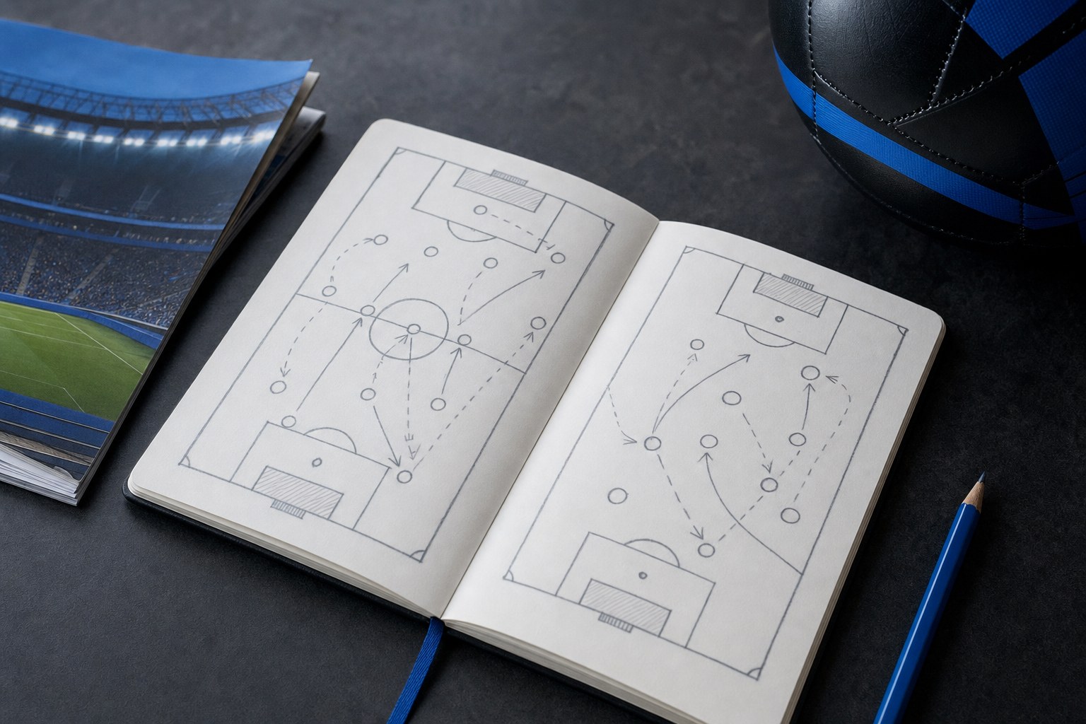Football tactics sketched in a notebook