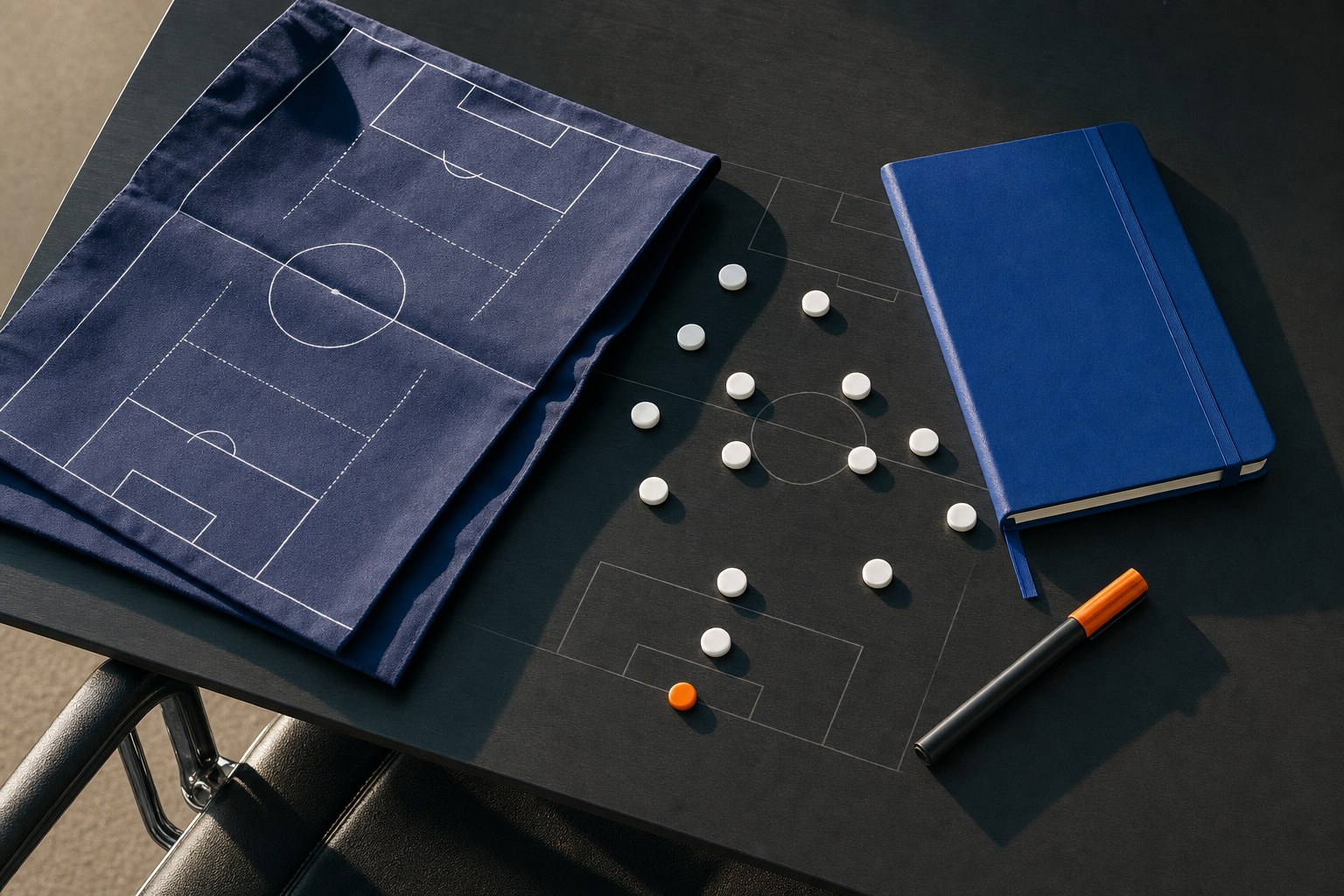 Football strategy materials on a conference table