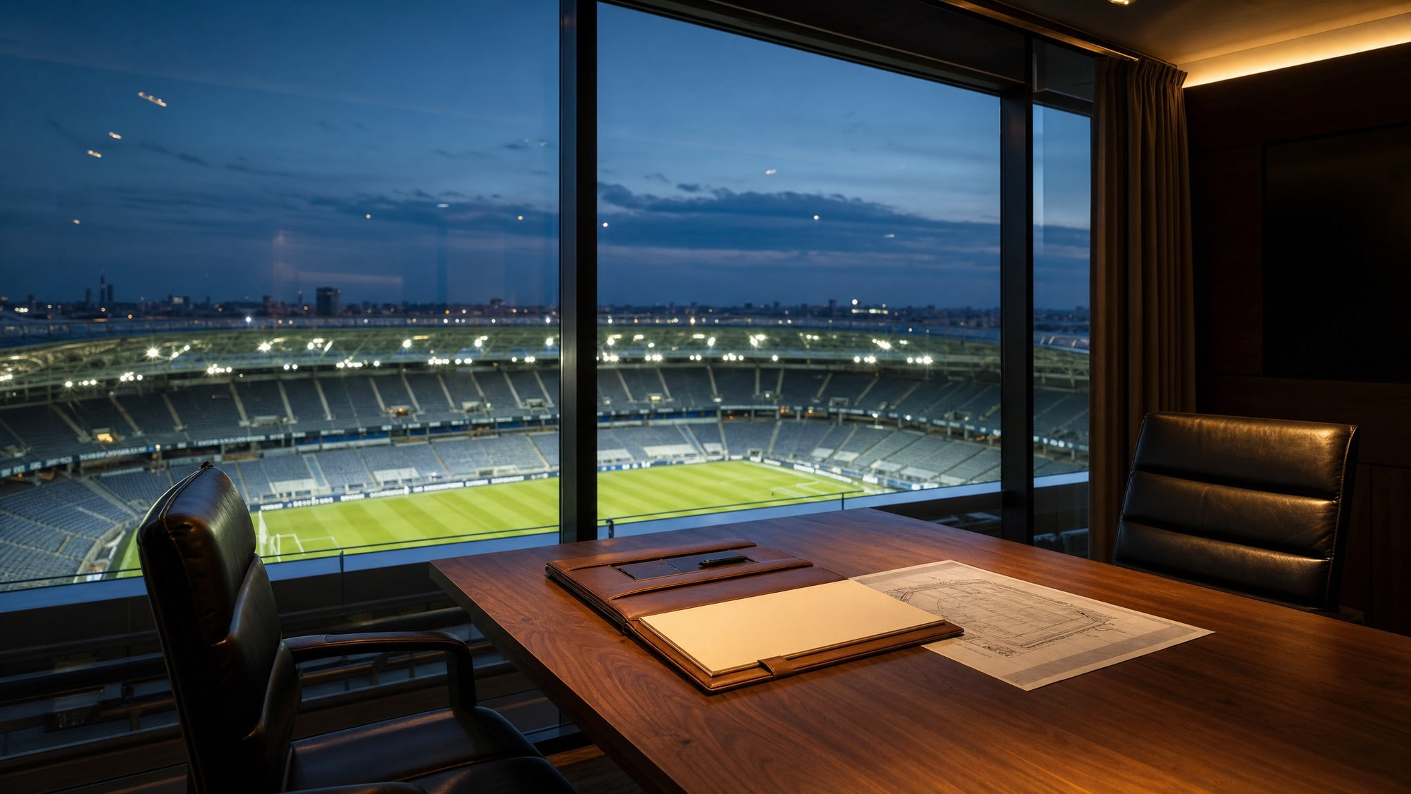 A private stadium meeting room overlooking an illuminated football pitch