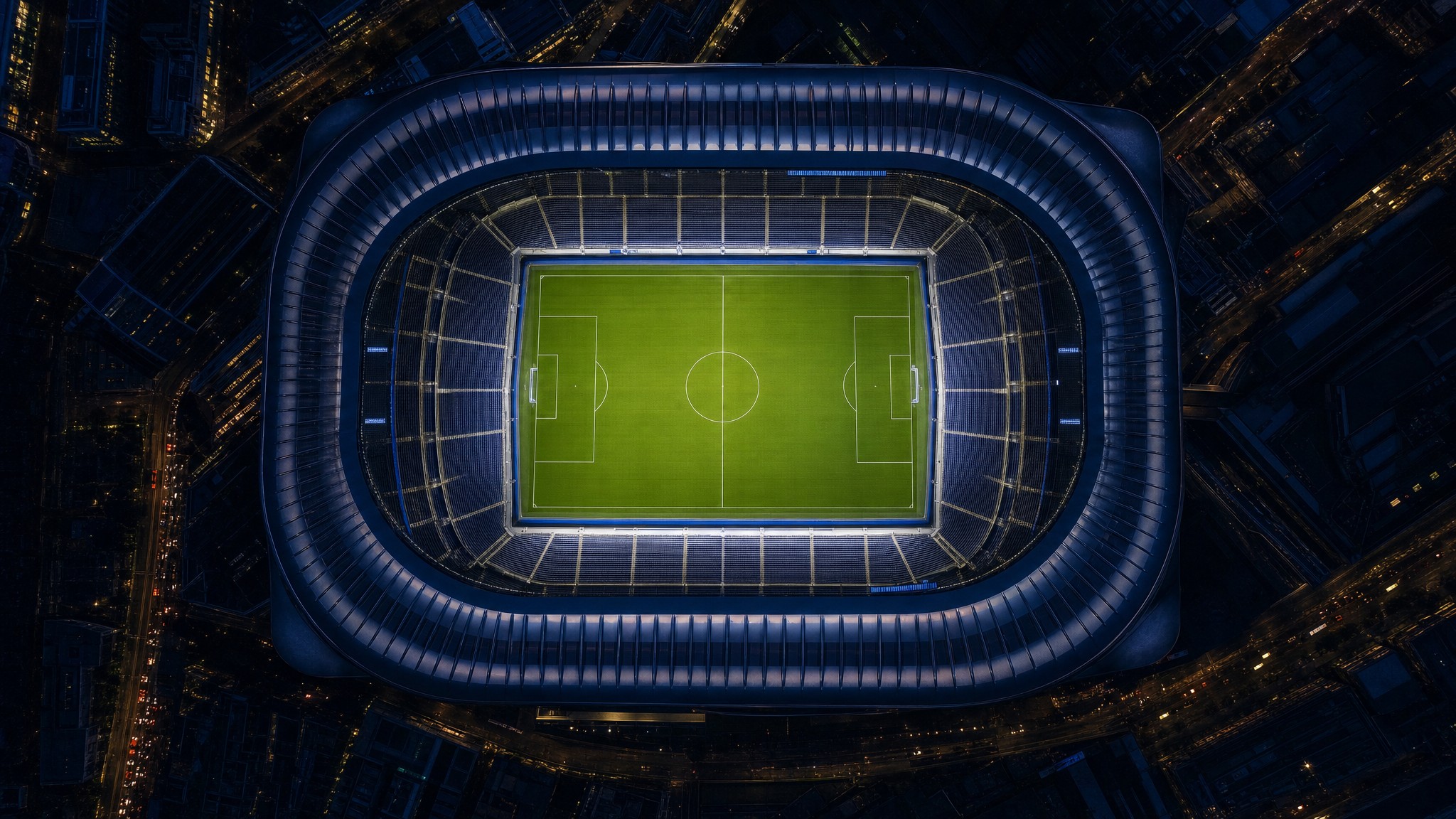Aerial view of a football stadium at night