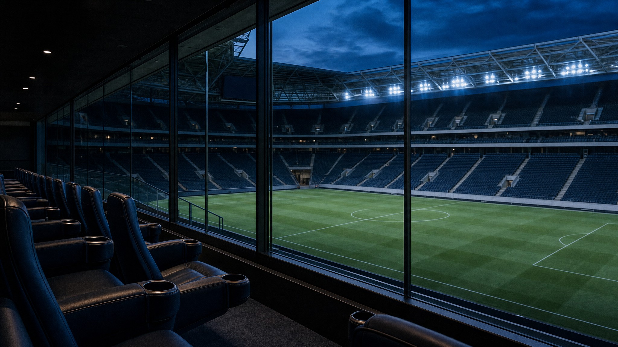 Private stadium viewing area overlooking an empty football pitch