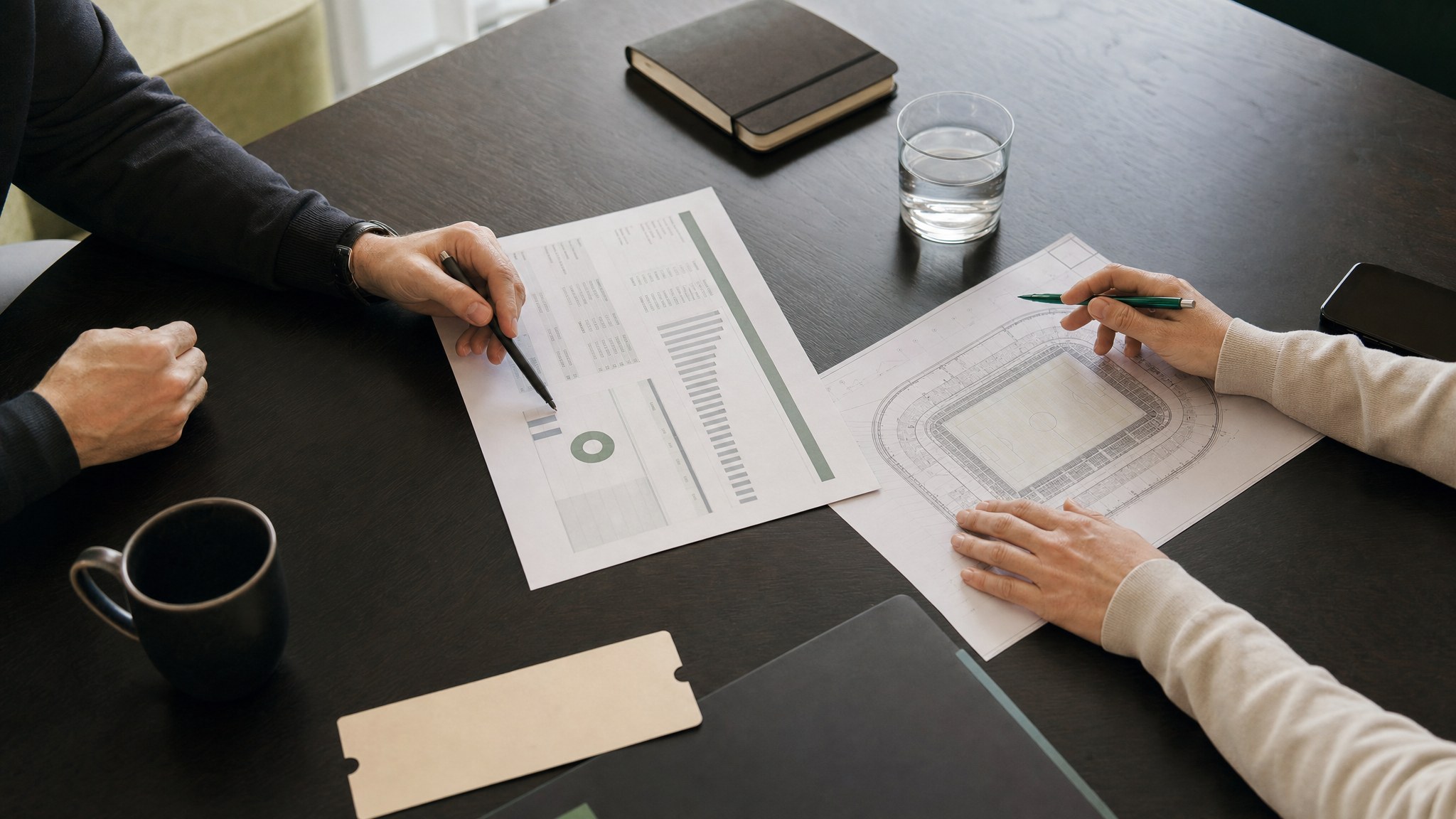 Two people reviewing a stadium plan and financial papers at a meeting table