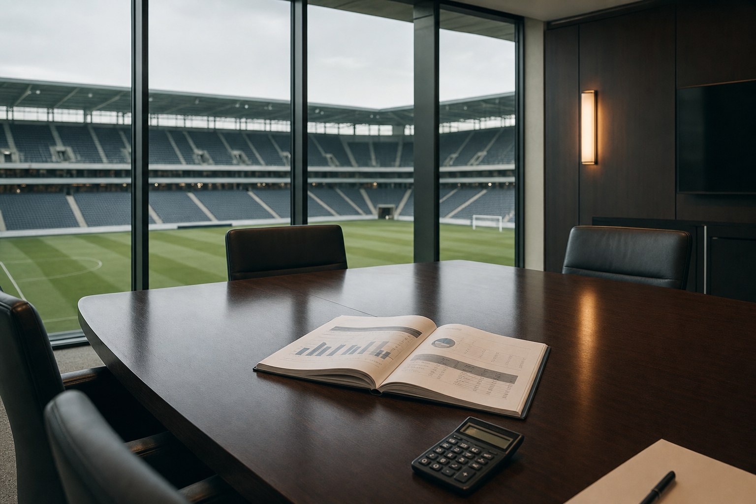 A private stadium boardroom with financial papers overlooking an empty football pitch