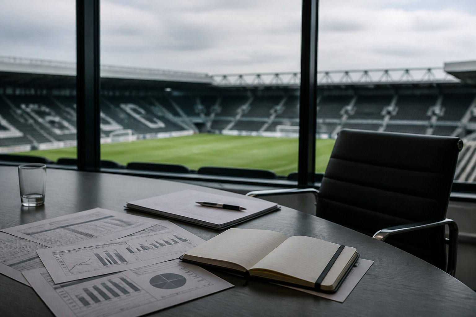 A stadium boardroom overlooking an empty pitch, with financial papers and a notebook on the table