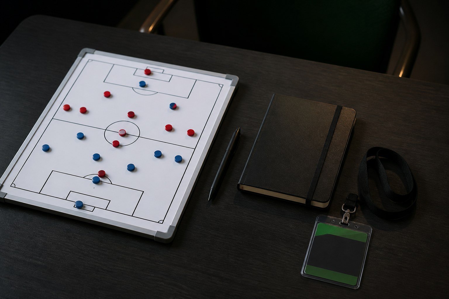 A football tactics board and notebook arranged for a planning session