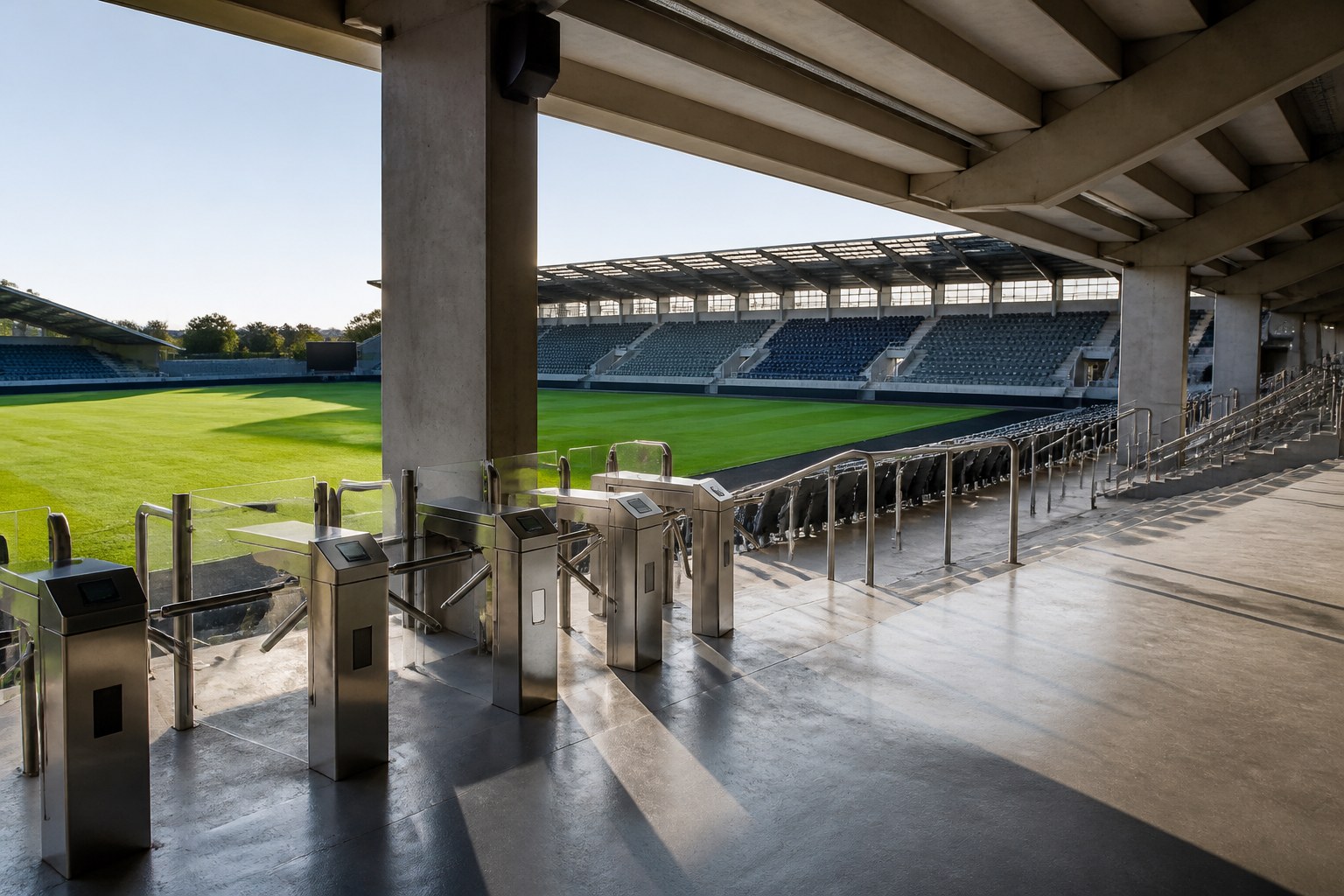 Turnstiles and seating at an empty professional football stadium
