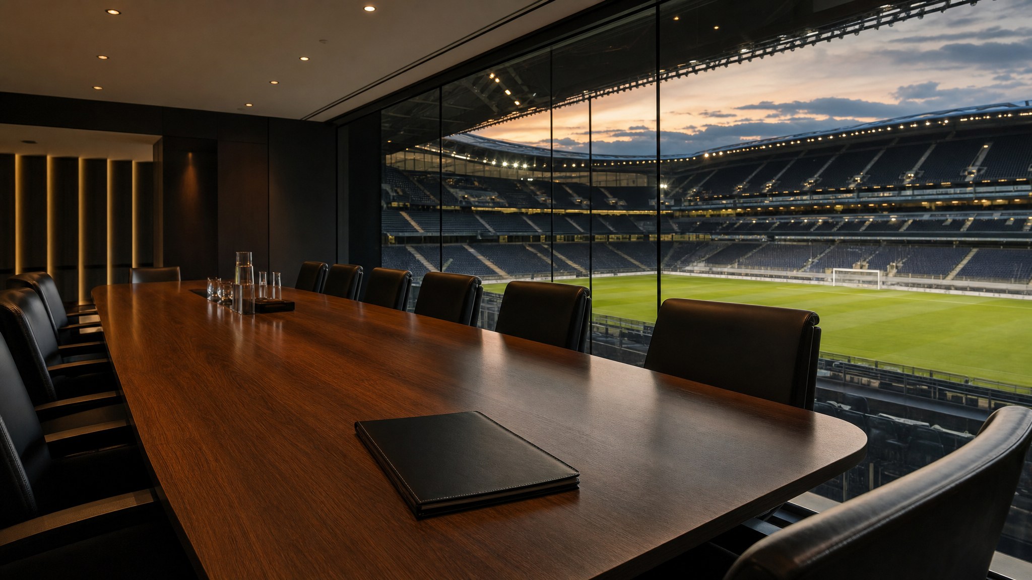 A stadium boardroom overlooking an empty football pitch