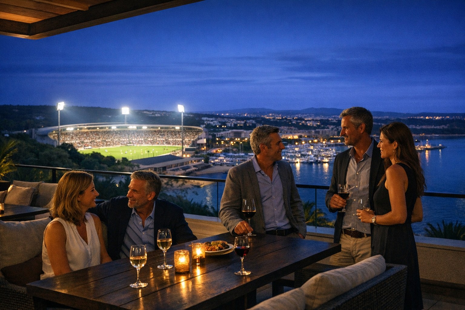 Guests enjoying football hospitality from a Mediterranean resort terrace at dusk
