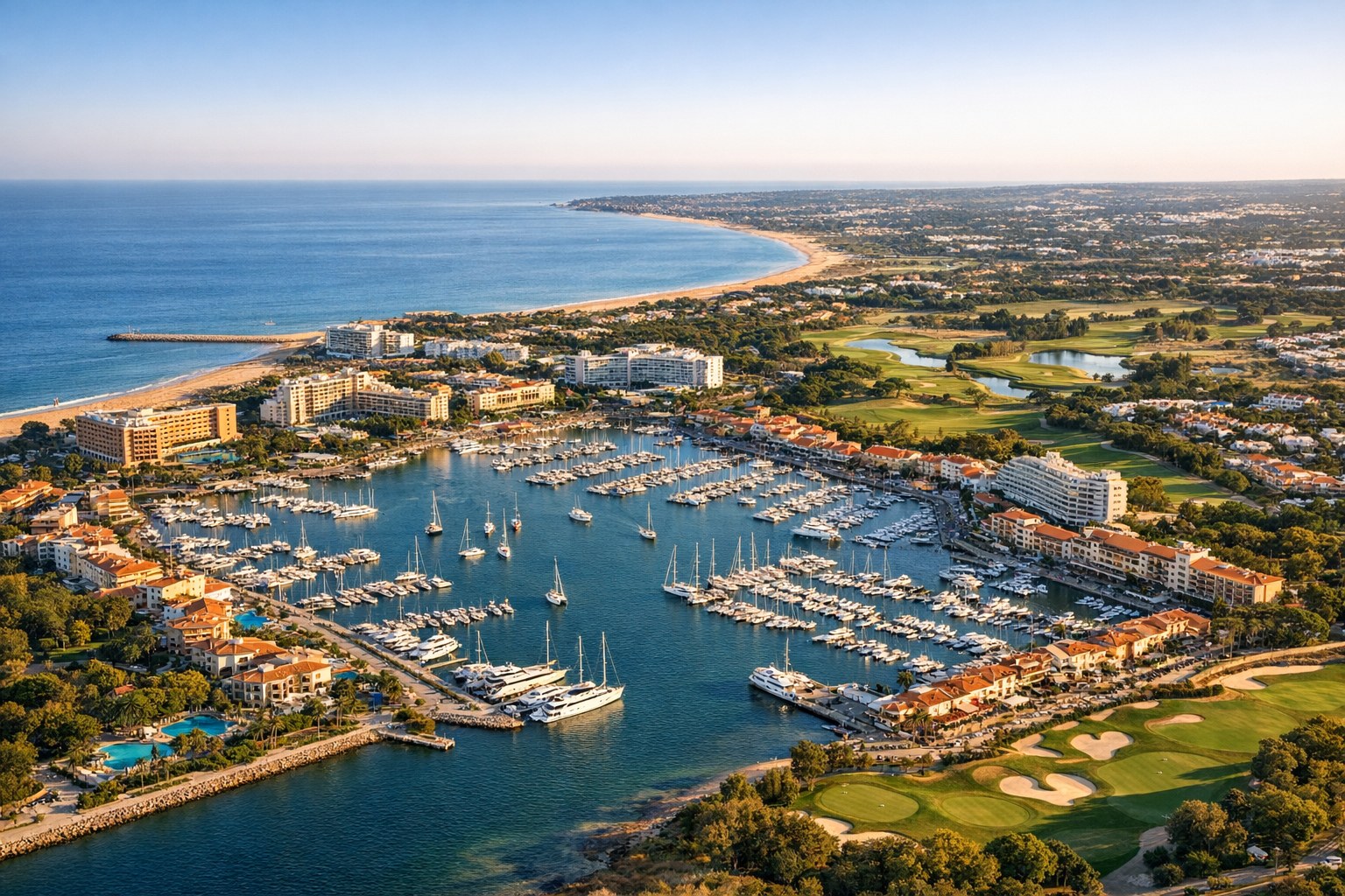 A marina, resort hotels and golf greens on a Mediterranean coast