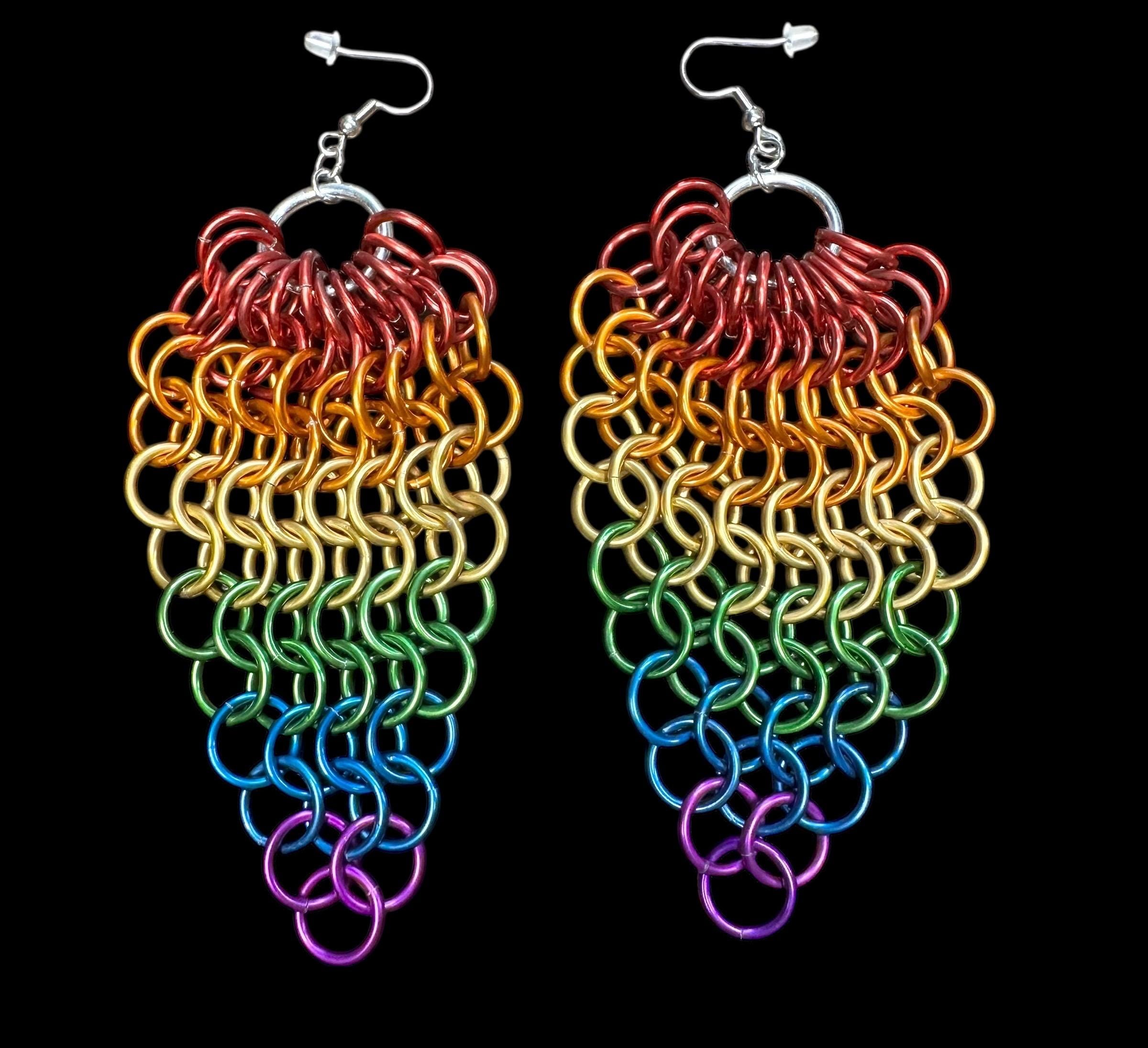 Rainbow Chainmaille Statement Earrings