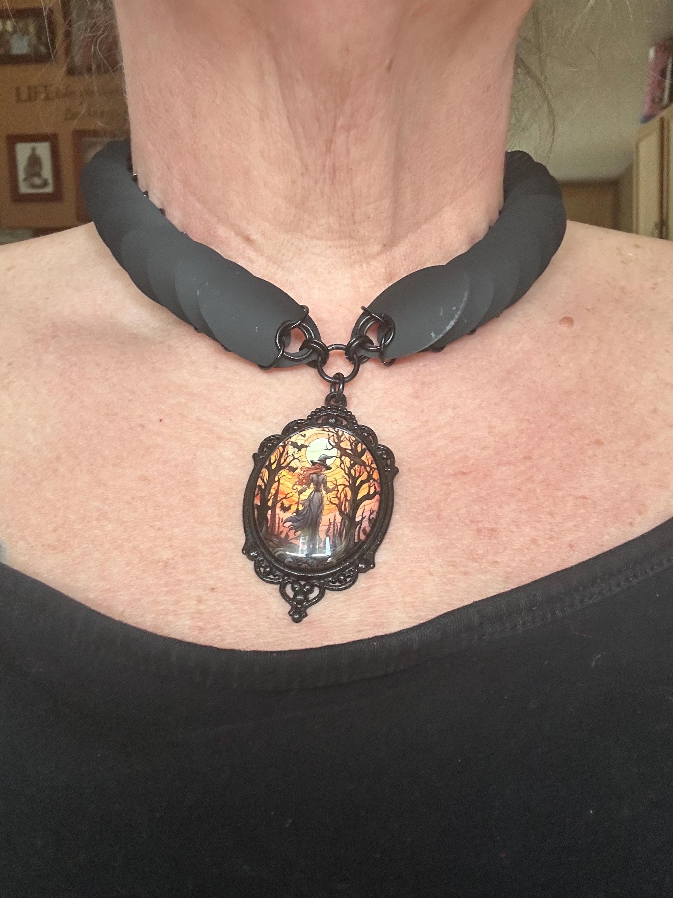 Black Vinyl Dragon Scale Choker with Witch Pendant