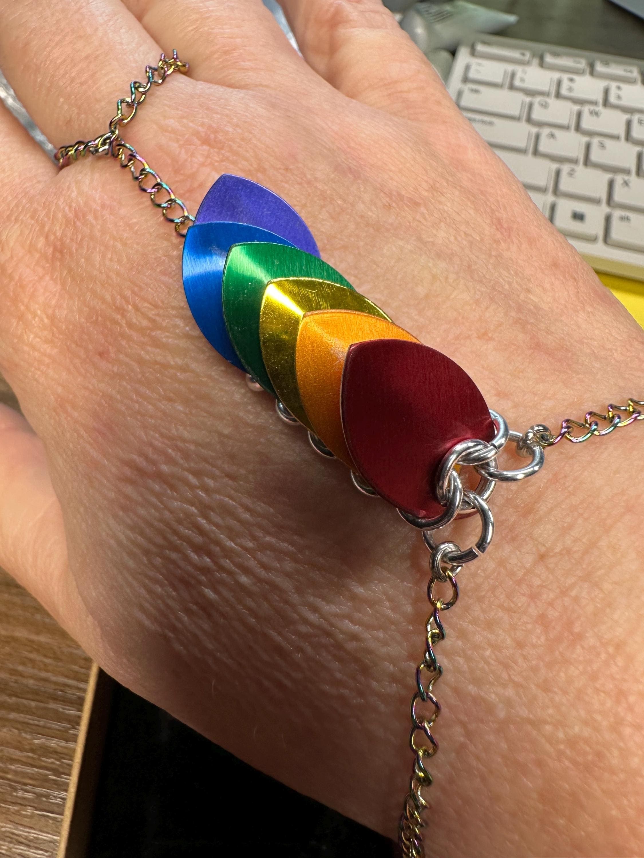 Dainty Rainbow Hand Flower Scalemail Chainmaille Bracelet