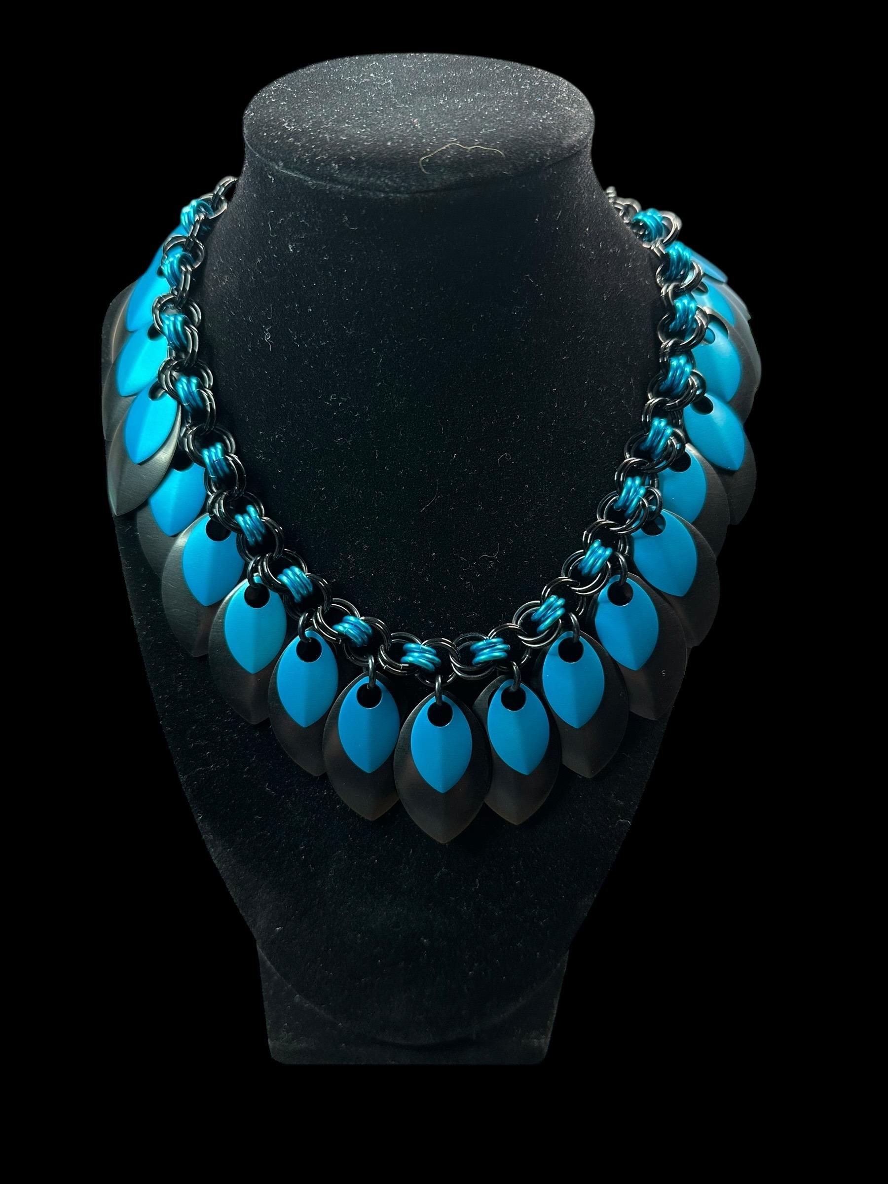 Black & Maui Blue Dragon Scale Scalemail Chainmaille Necklace