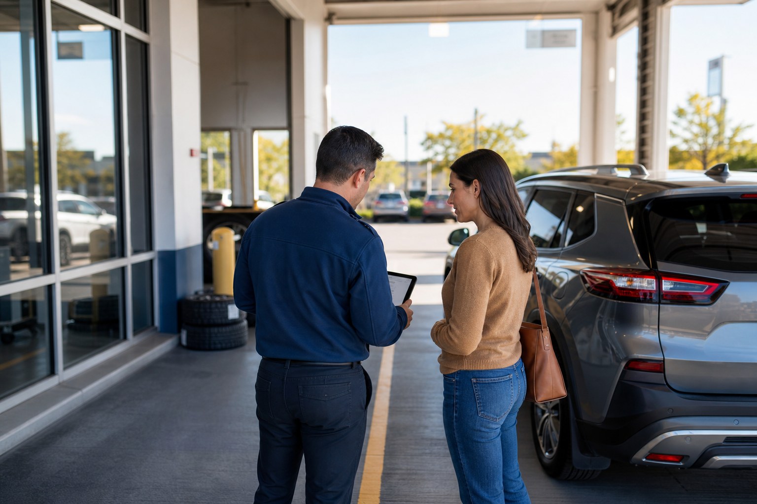 A service advisor and customer discussing a vehicle in a dealership service lane