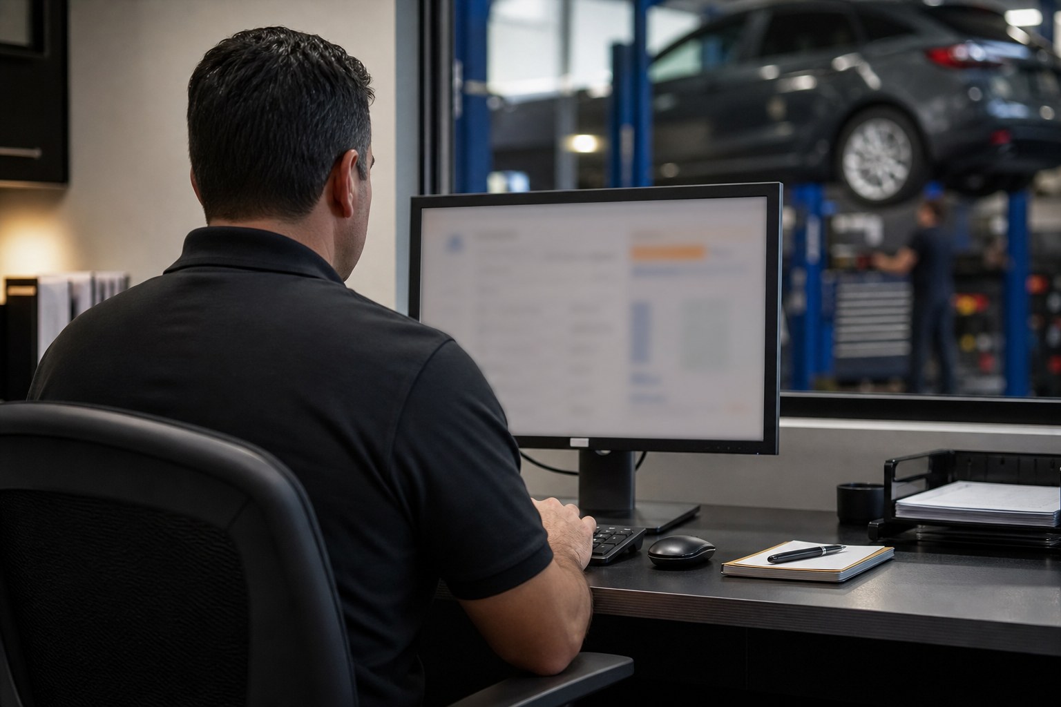 A dealership employee following up from an office beside the service department