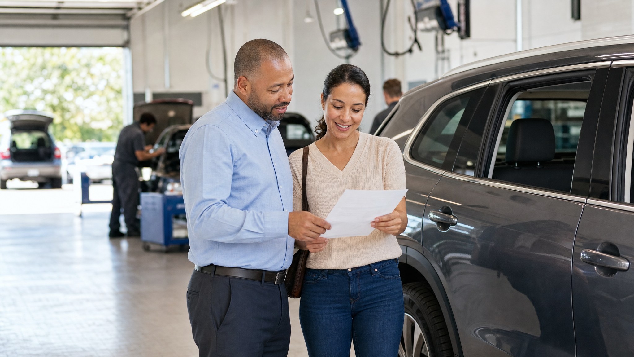 A dealership service advisor and vehicle owner reviewing a service plan beside an SUV