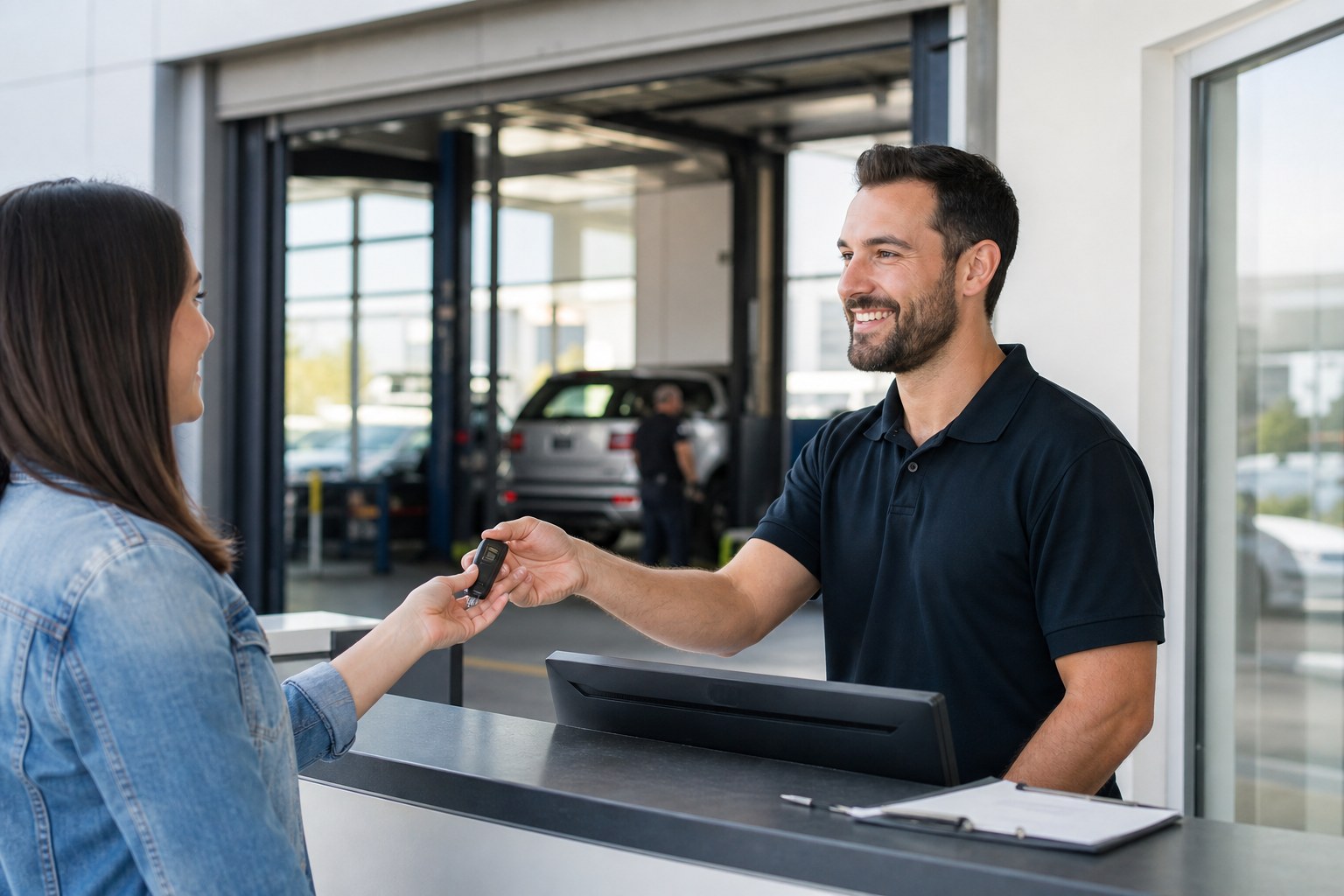 A dealership service advisor returning a vehicle key to a customer at checkout