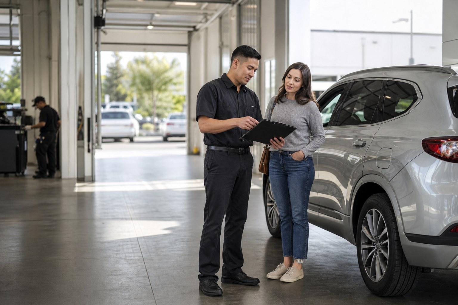 A dealership service advisor reviewing a maintenance plan with a vehicle owner beside an SUV