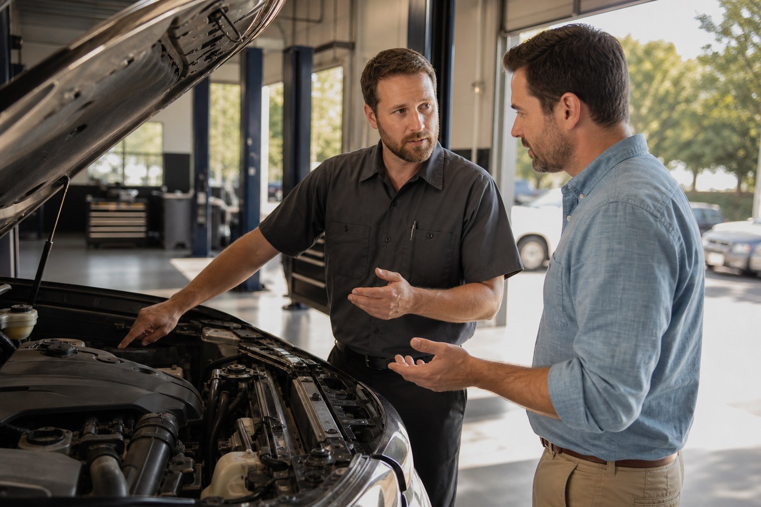 A service advisor explaining a vehicle concern to its owner beside an open hood