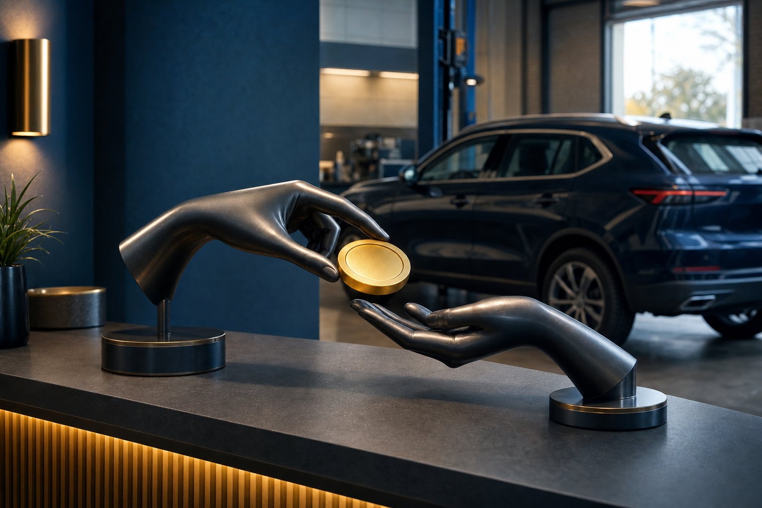 An abstract reward token being exchanged at a dealership service checkout