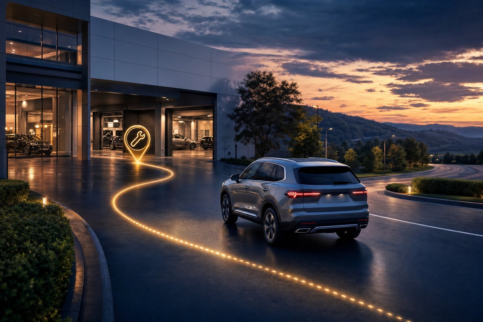 A vehicle leaving a dealership service department with a glowing path back to the service lane