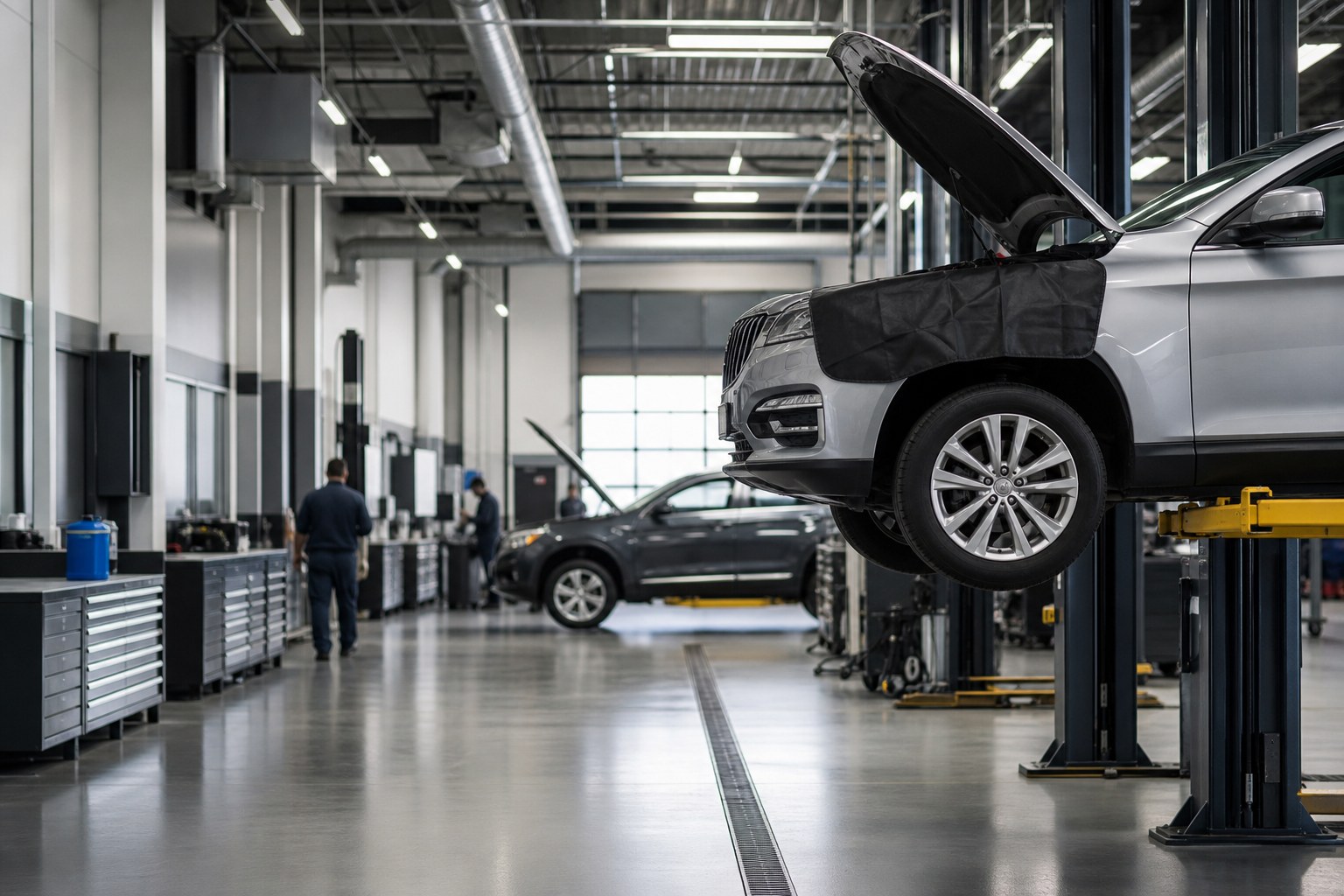 A vehicle receiving routine maintenance in an organized dealership service bay