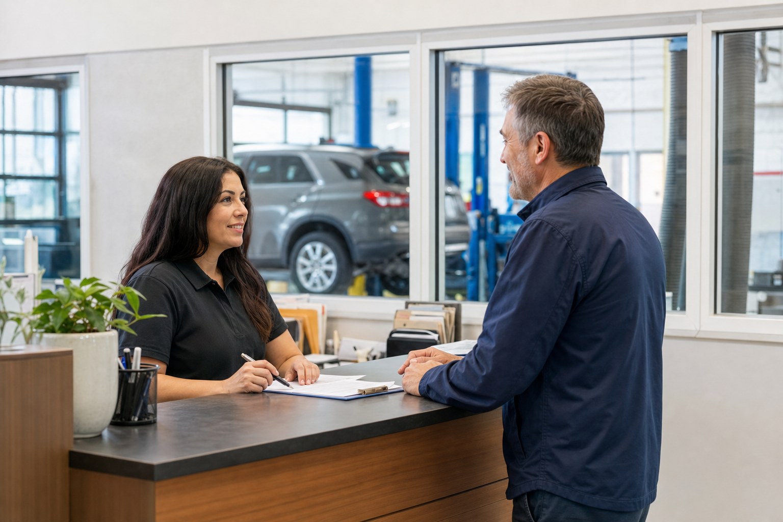 A service advisor confirming a dealership service appointment with a vehicle owner