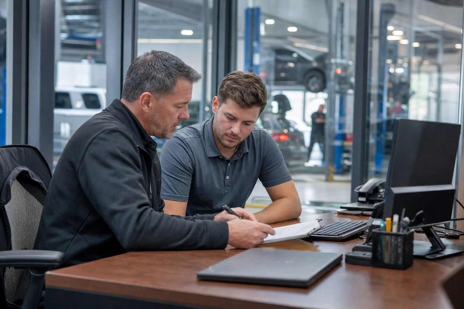 A dealership service manager and advisor reviewing customer follow-up work