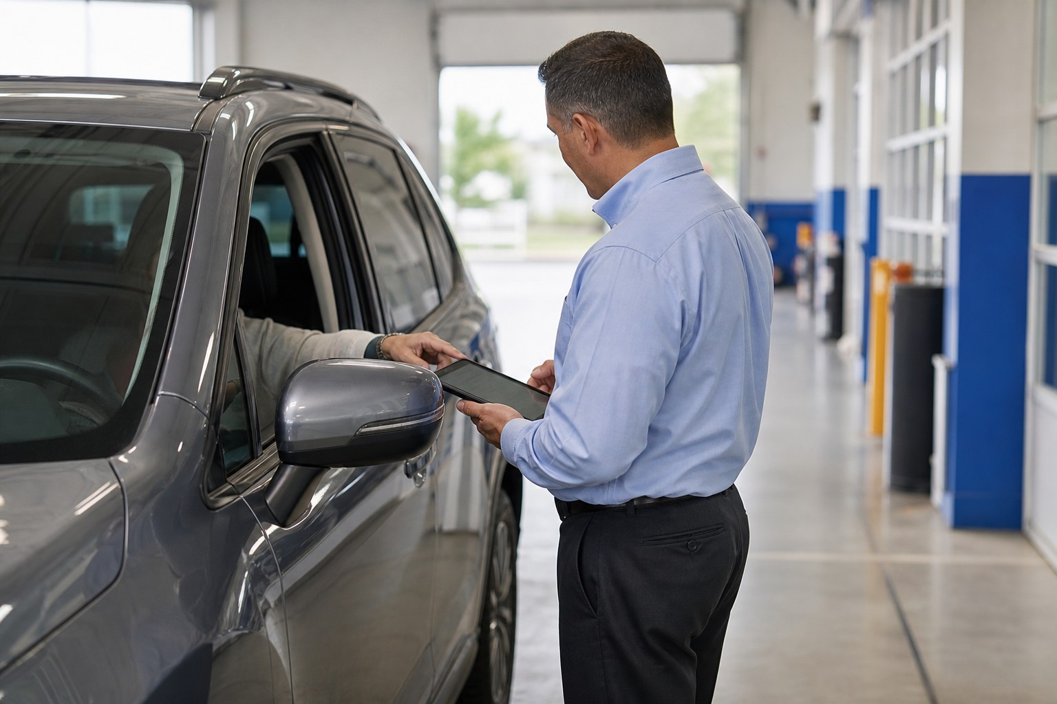 A service advisor helping a customer at a dealership service lane