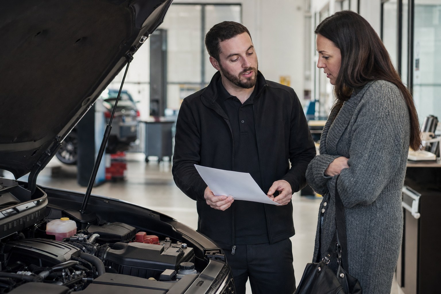 A service advisor explaining a maintenance recommendation beside an open hood