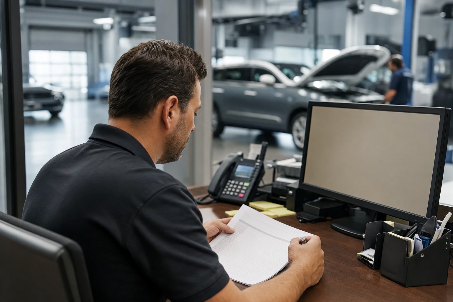 A dealership service advisor preparing customer follow-up at a workstation