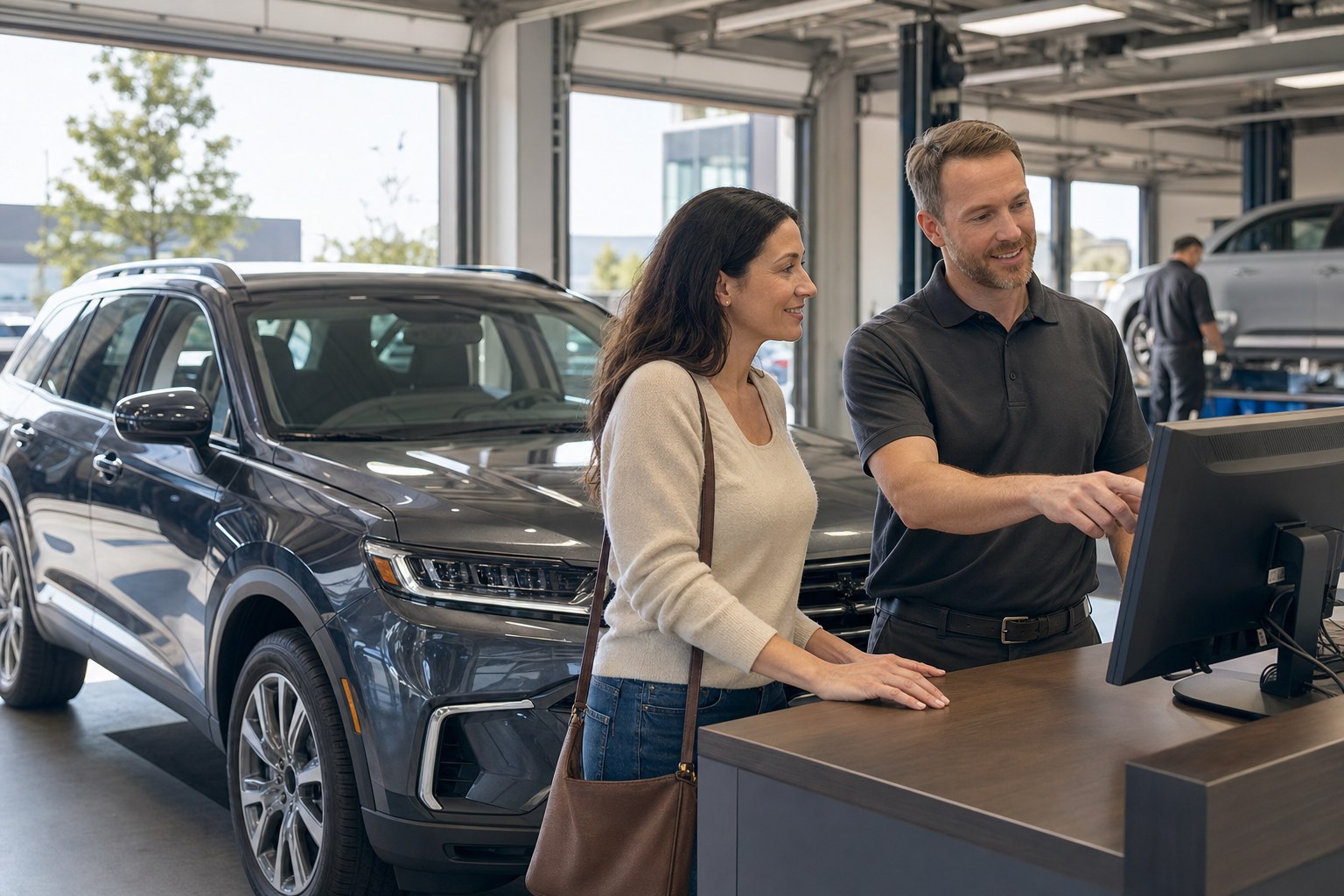 A service advisor helping a vehicle owner in a dealership service lane
