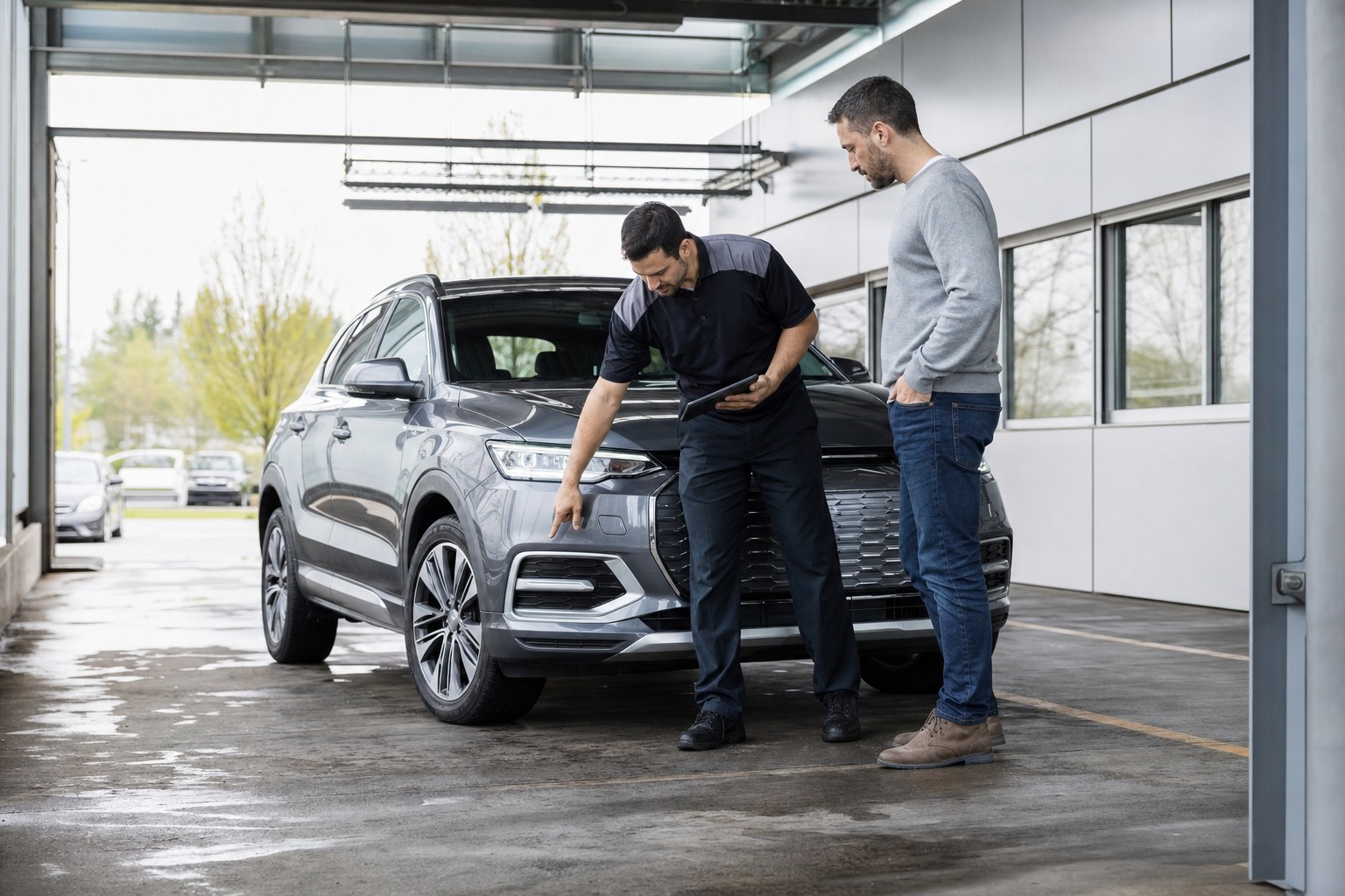 A dealership employee walking a vehicle owner through a vehicle inspection