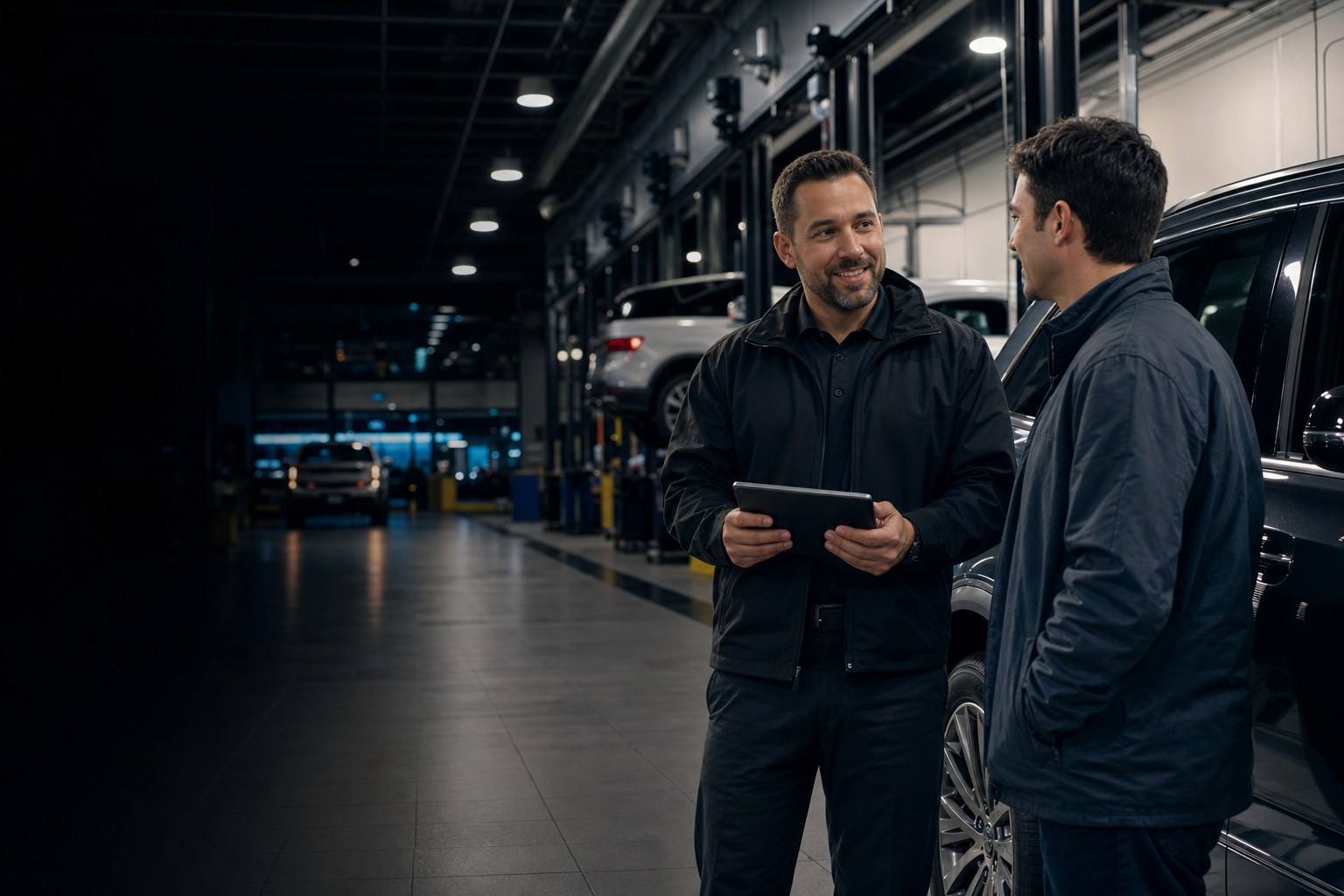 A service advisor speaks with a customer in a dealership service lane
