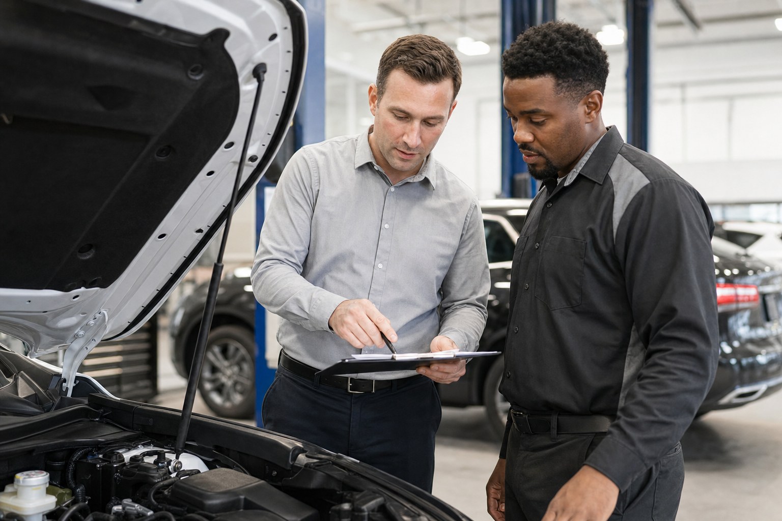 Two dealership employees reviewing a maintenance service visit
