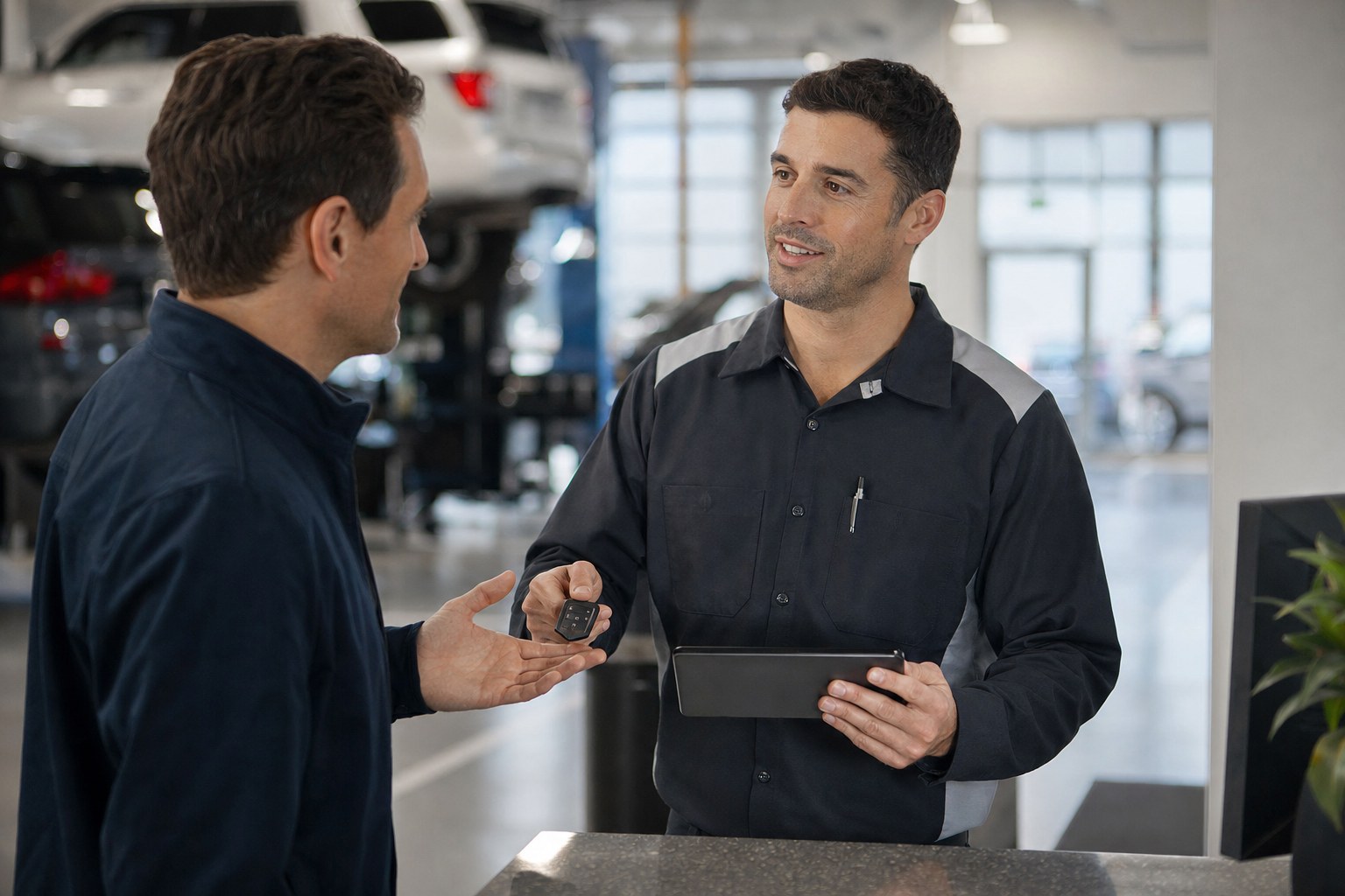 A dealership employee helping a customer during a service visit