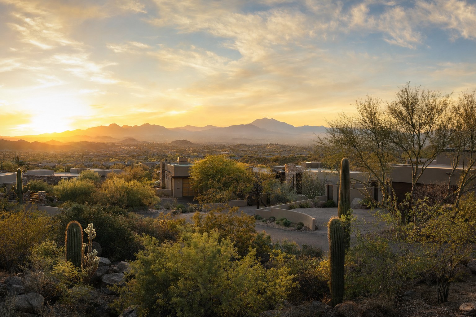 Arizona neighborhood near Scottsdale at sunset