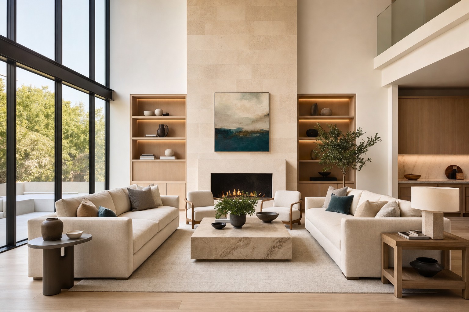 Illustrative luxury transitional living room with cream seating, a stone fireplace and tall windows