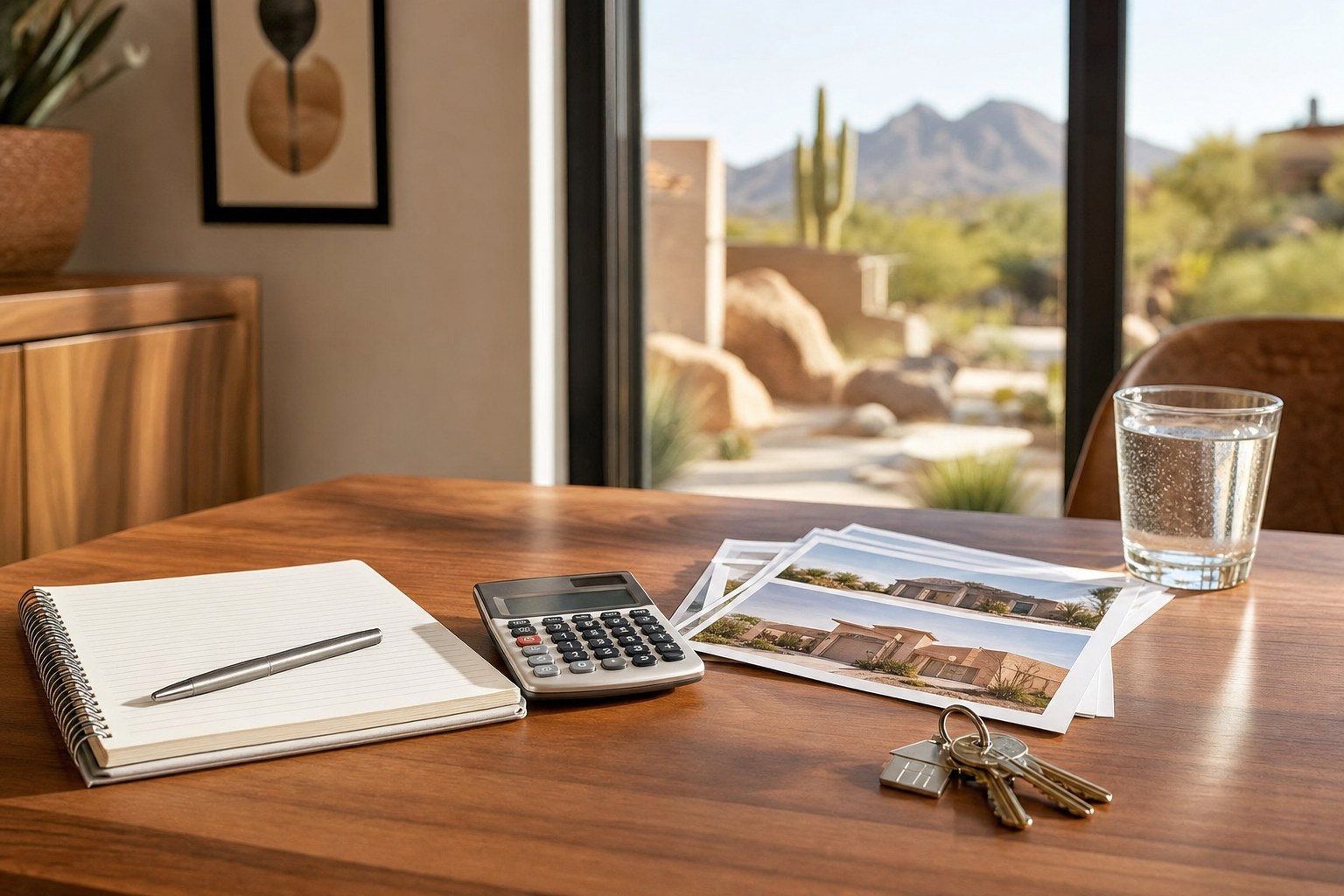 Homebuying budget notes, calculator and keys on a table