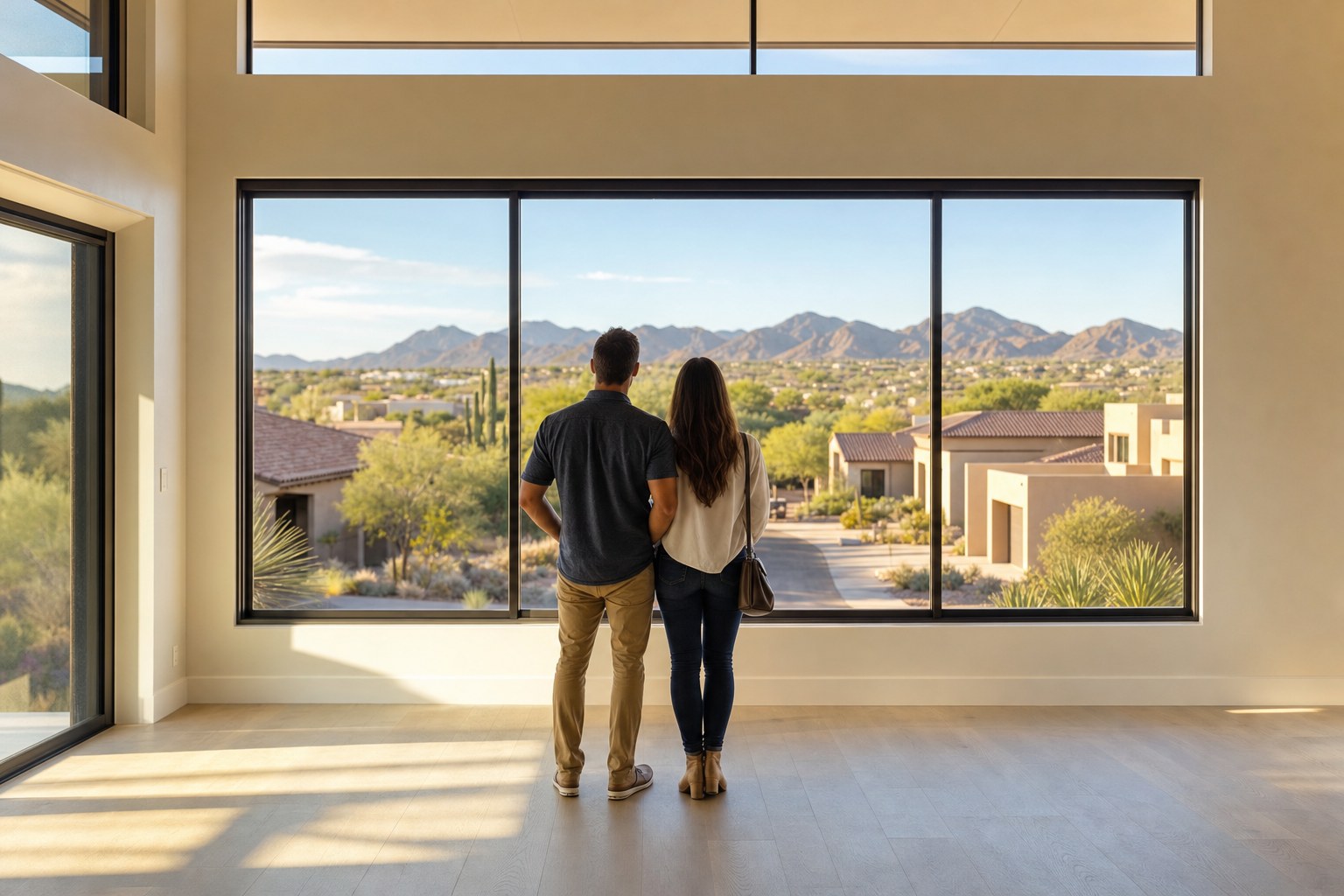 Couple looking through windows of an Arizona home