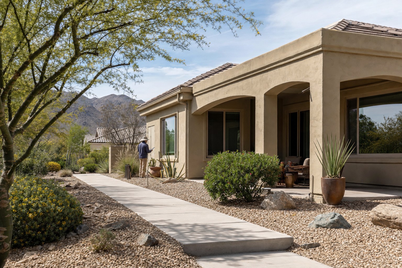 Arizona stucco home with desert landscaping being evaluated from the sidewalk
